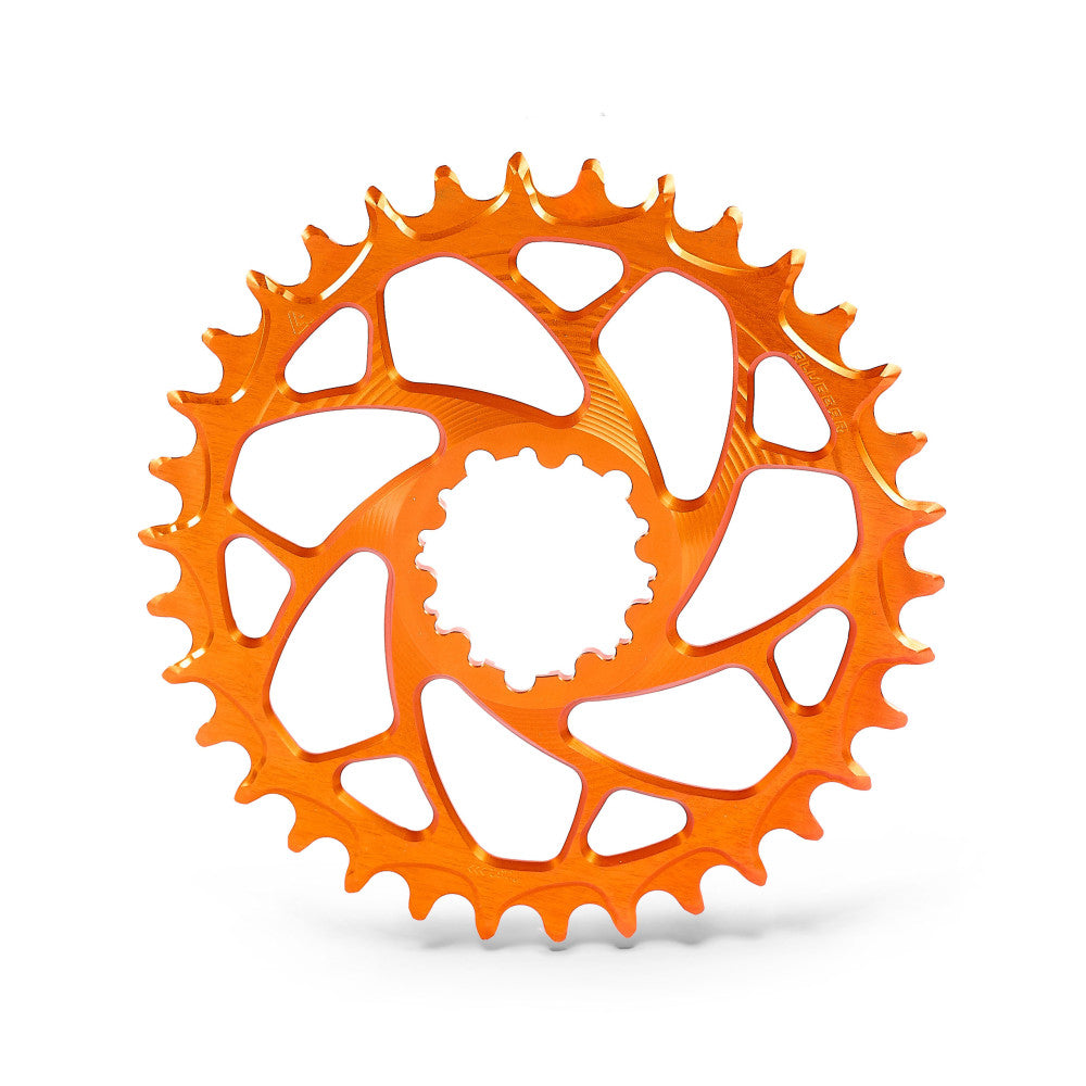 Orange anodized ALUGEAR round narrow-wide MTB chainring with spiral cut-out spider, SRAM 3-bolt direct-mount