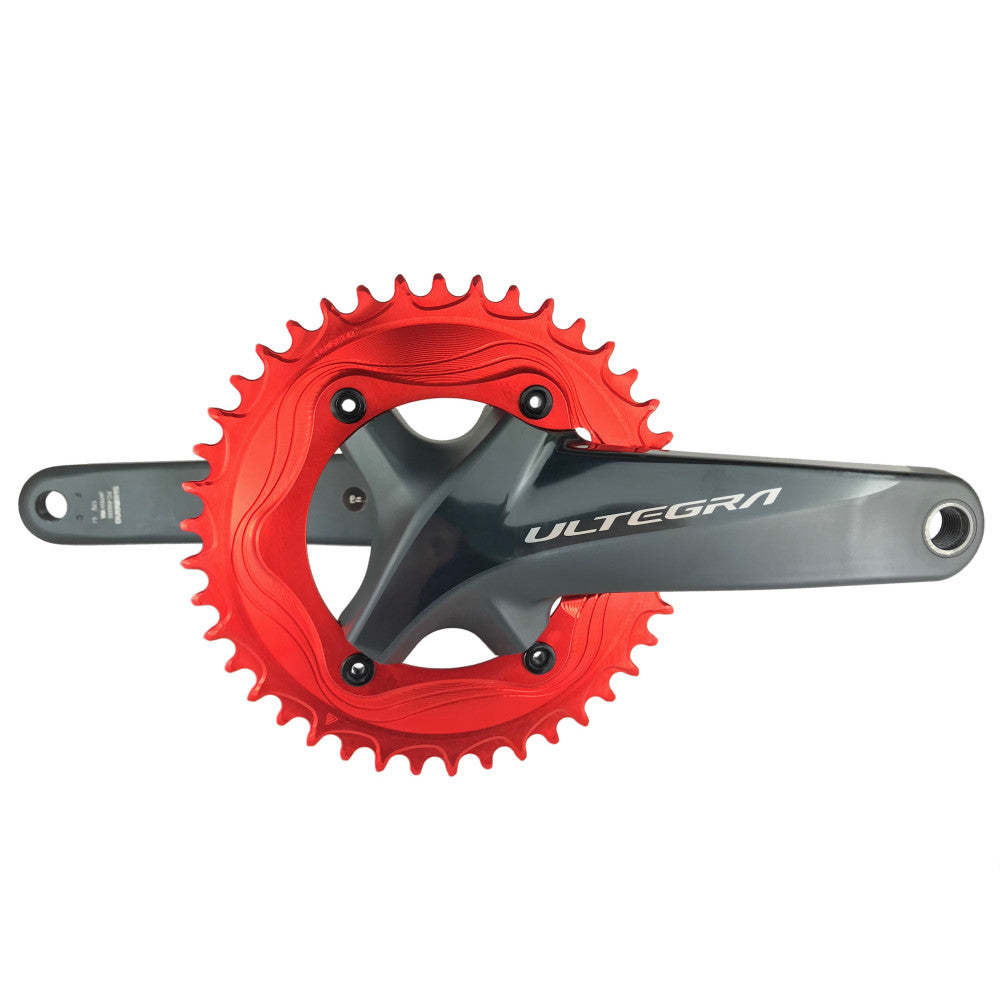 Red round ALUGEAR AERO road chainring on Shimano Ultegra crank, 110 BCD 4-bolt asymmetric, machined wave finish