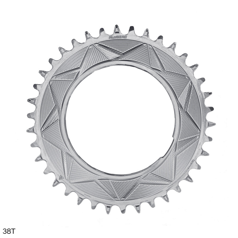 Silver anodized ALUGEAR round AERO MTB chainring 38T, thread mount, geometric triangle engraved pattern