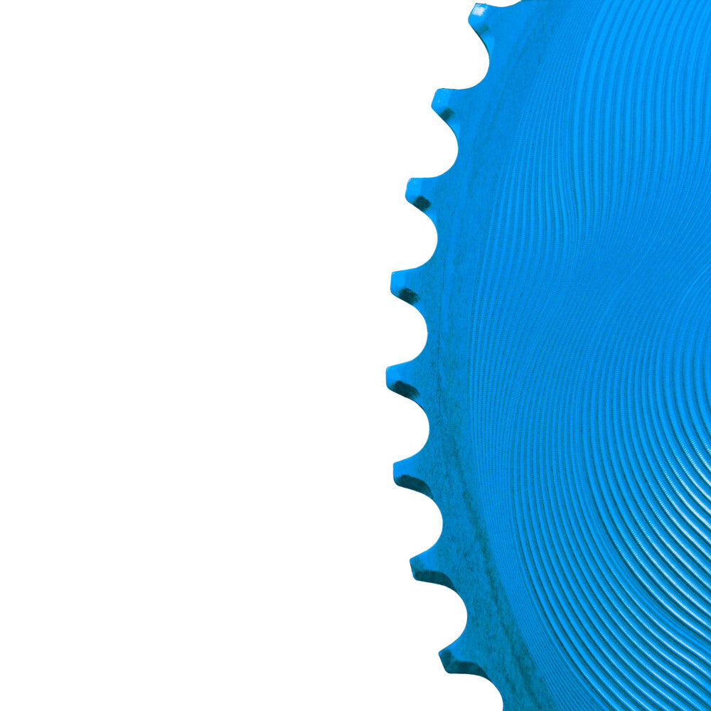 Close-up macro detail of blue anodized ALUGEAR AERO outer GRX chainring teeth and wave-machined surface