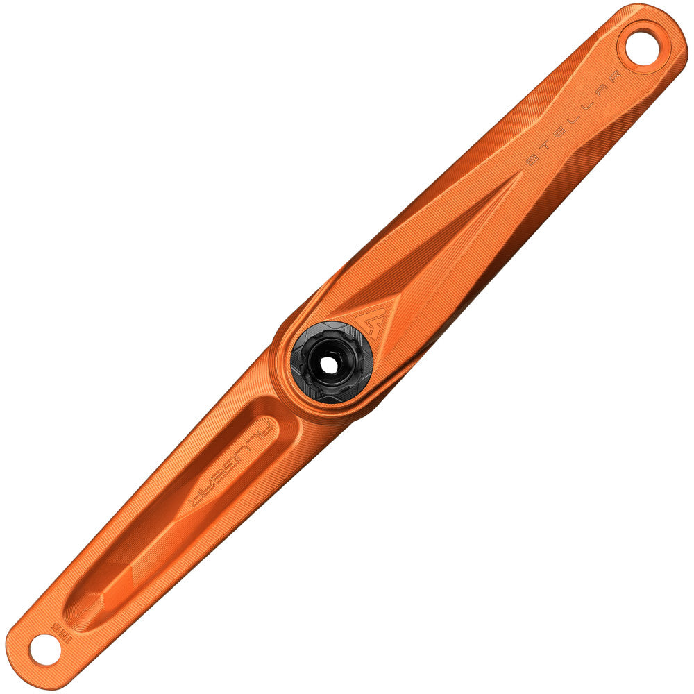 Orange anodized ALUGEAR Stellar AL MTB single crank arm face view, STELLAR engraving, DUB spindle interface