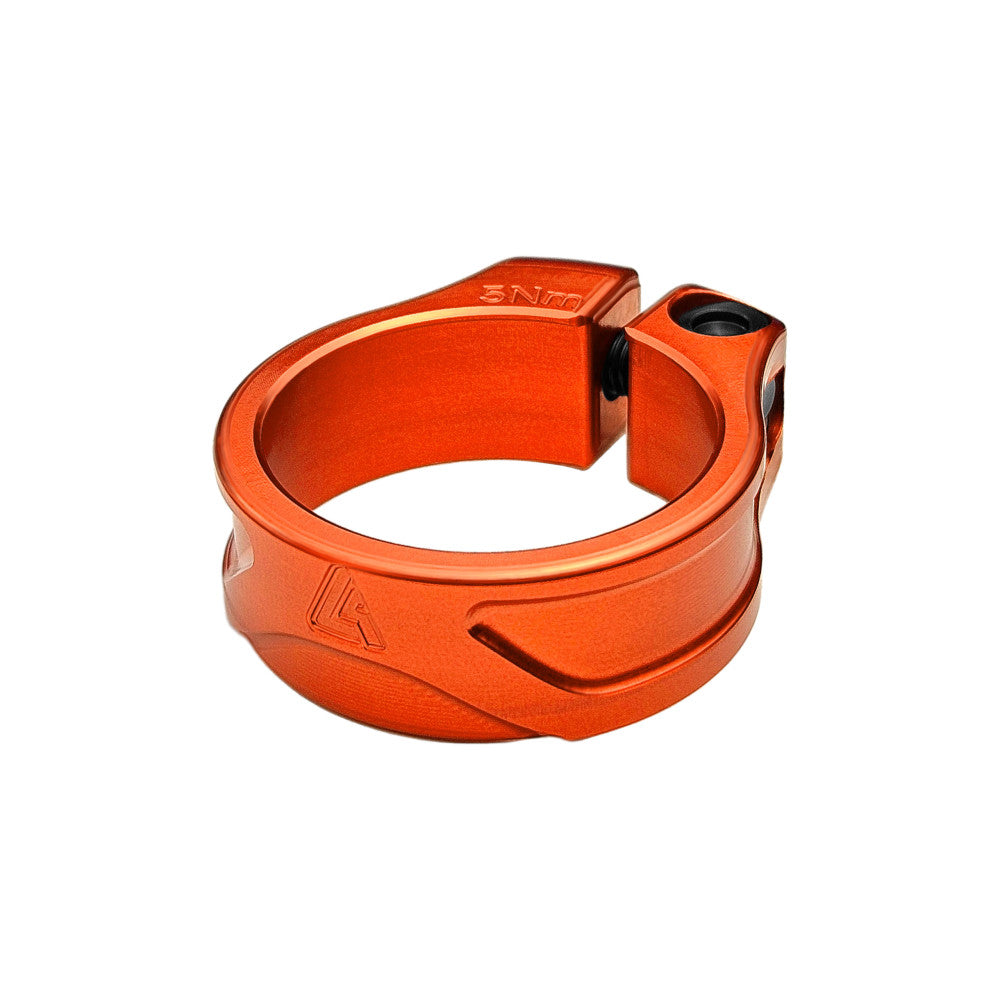 Orange anodized ALUGEAR bolt-on seatpost clamp with 5Nm torque marking, single-bolt side view