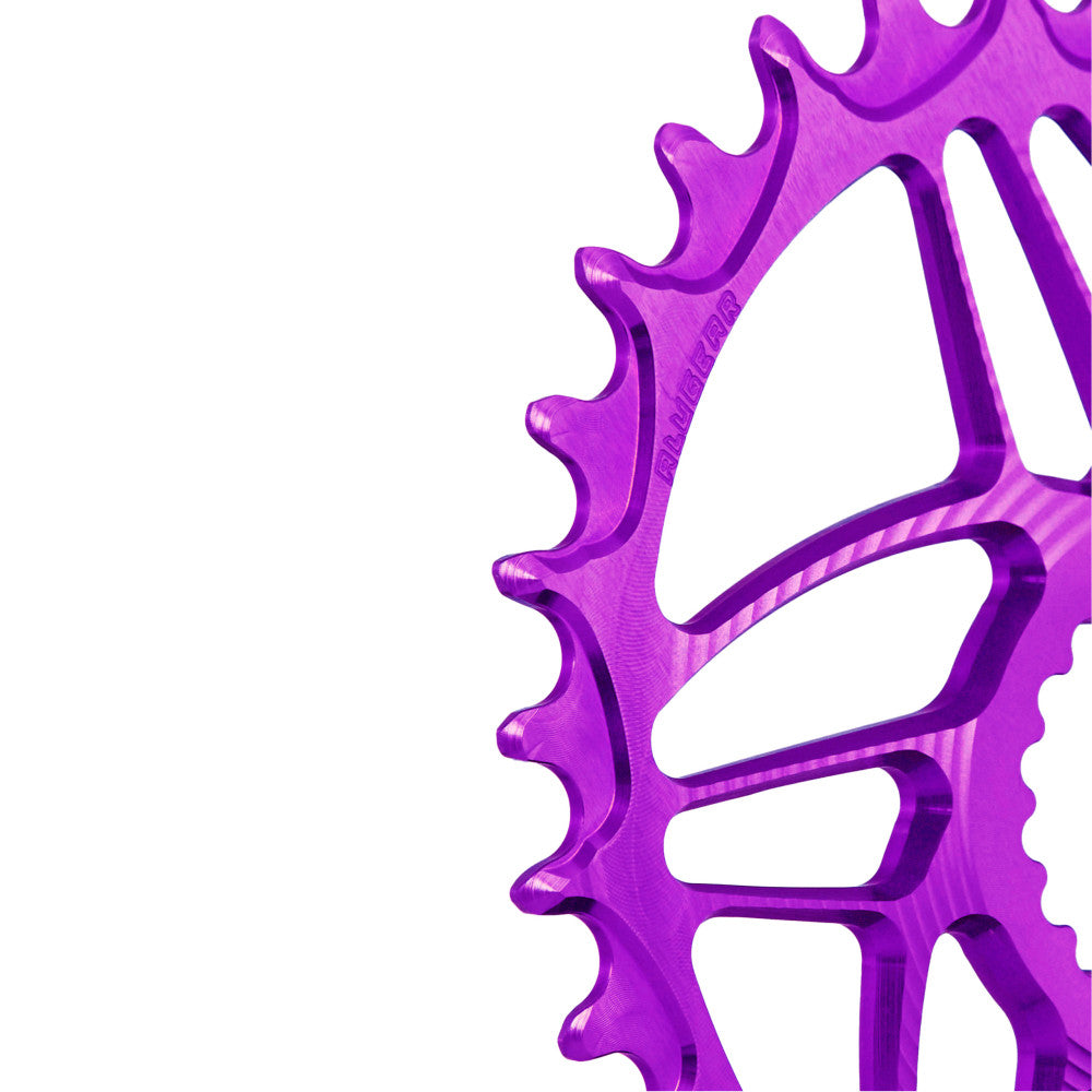 Purple anodized ALUGEAR MTB chainring, Cannondale Hollowgram direct-mount, macro close-up of narrow-wide teeth side