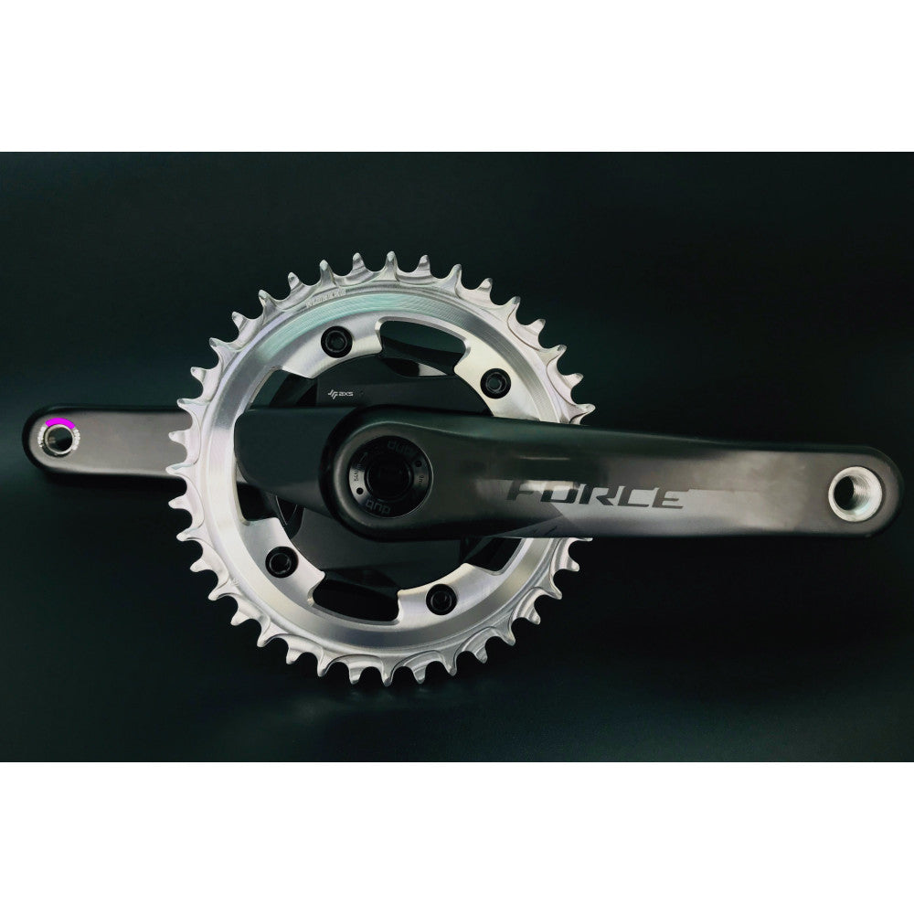 Silver ALUGEAR AERO round road chainring mounted on SRAM Force crank, 107 BCD 4-bolt asymmetric