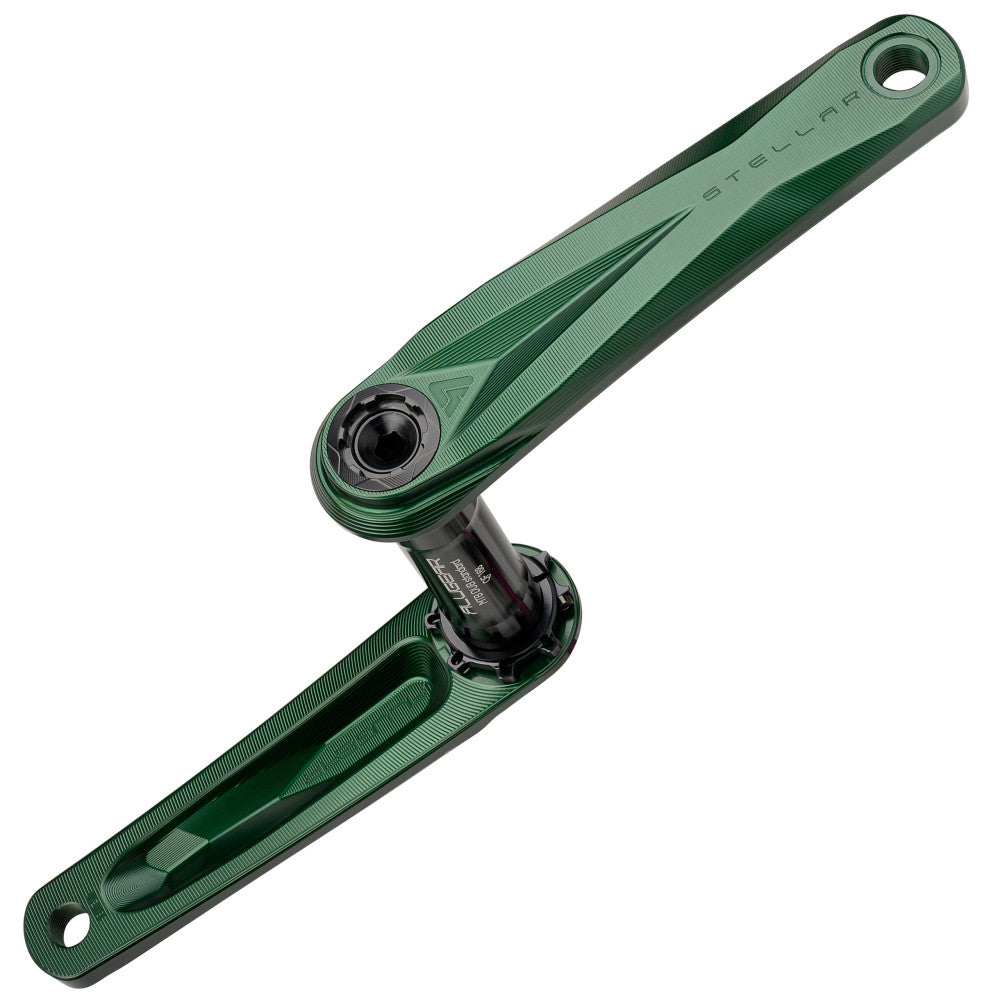 Green anodized ALUGEAR Stellar AL MTB crankset with DUB spindle, paired crank arms at 180 degrees