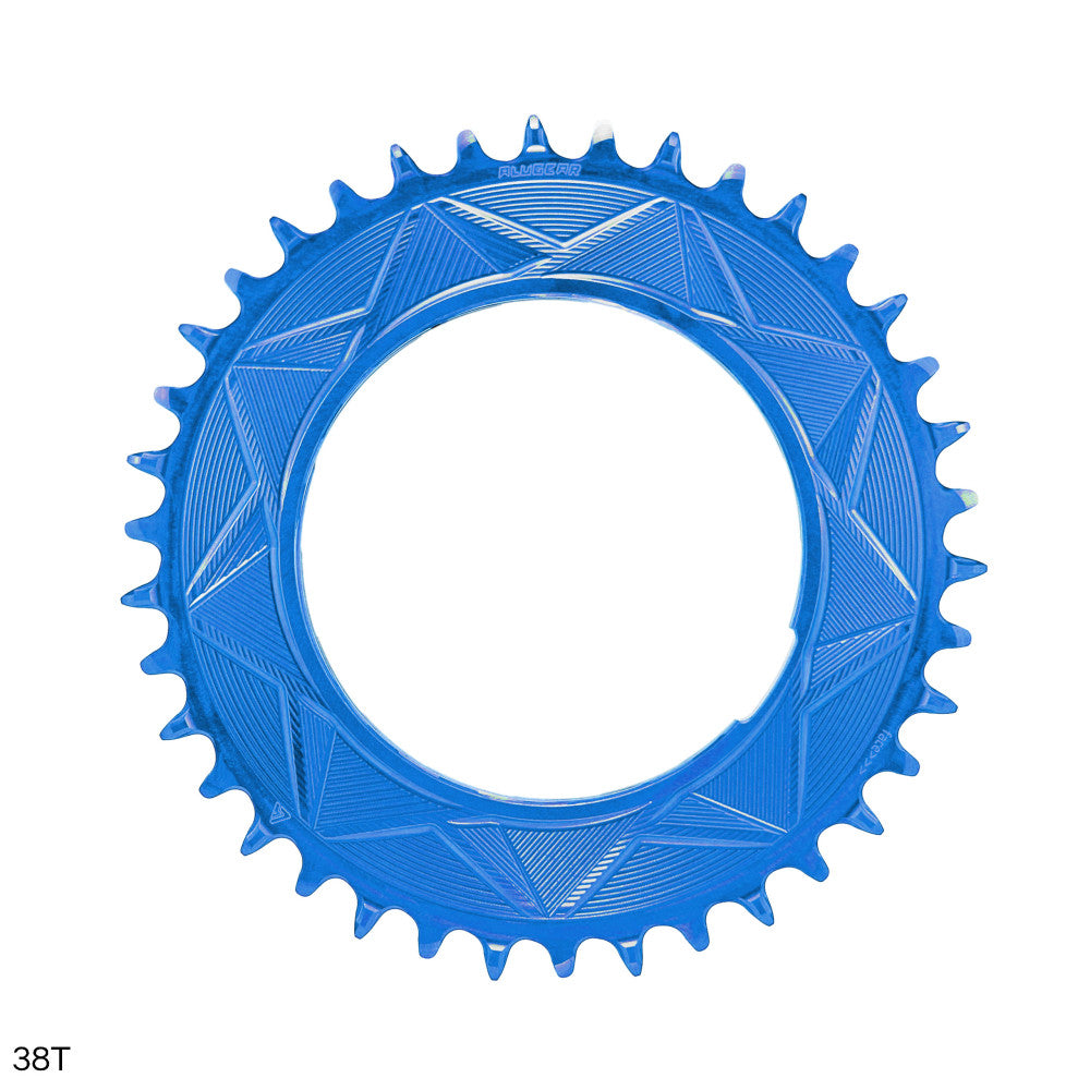 Blue anodized ALUGEAR round AERO MTB chainring 38T, thread mount, geometric triangle engraved pattern