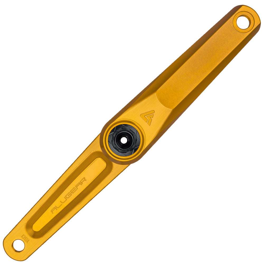 Gold anodized ALUGEAR Vega AL road gravel single crank arm, DUB spindle interface, milled slot, machined finish