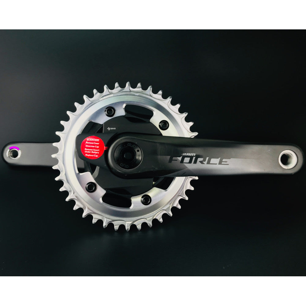 Red anodized ALUGEAR AERO round road chainring on SRAM Force crank, 107 BCD 4-bolt asymmetric