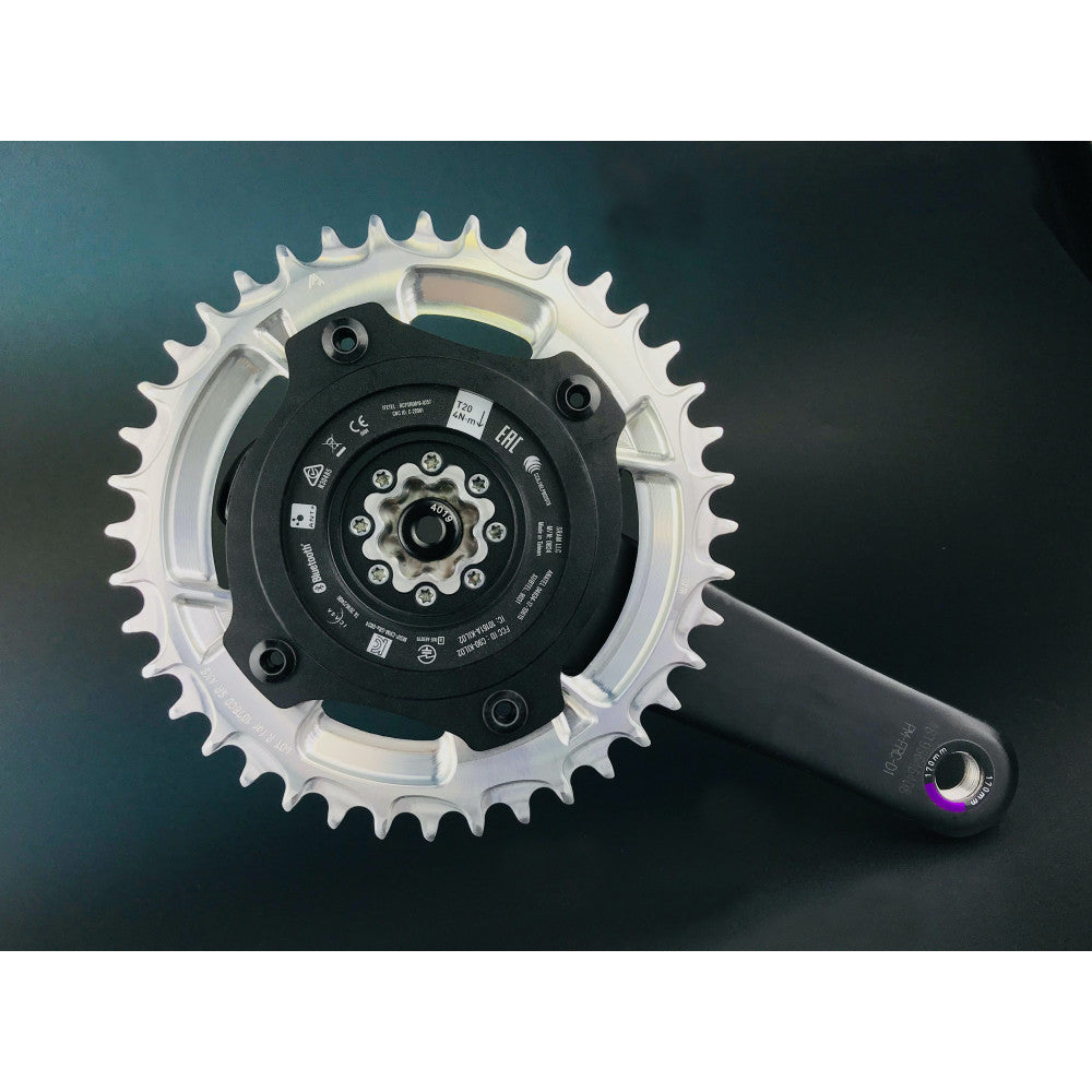 Silver ALUGEAR AERO round road chainring on SRAM Force power meter crank, 107 BCD 4-bolt asymmetric, rear angle