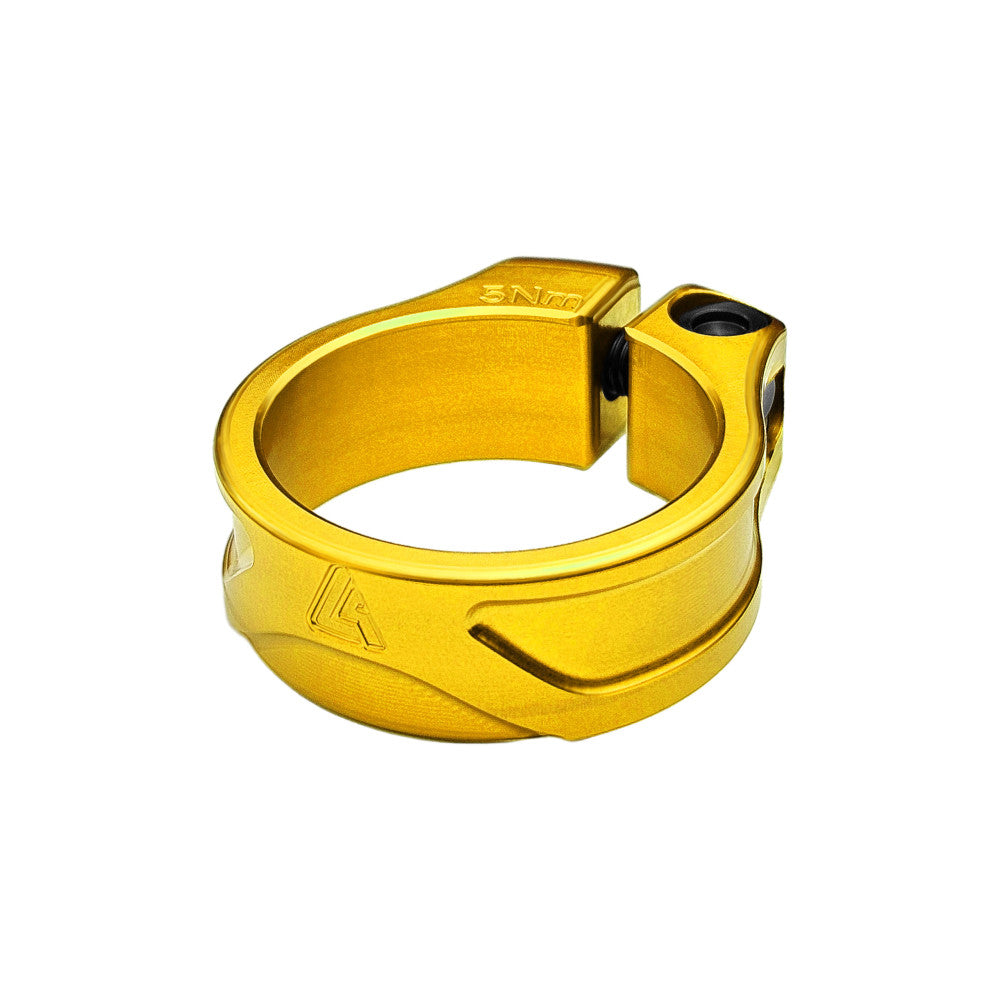 Gold anodized ALUGEAR bolt-on seatpost clamp with 5Nm torque marking, single-bolt side view