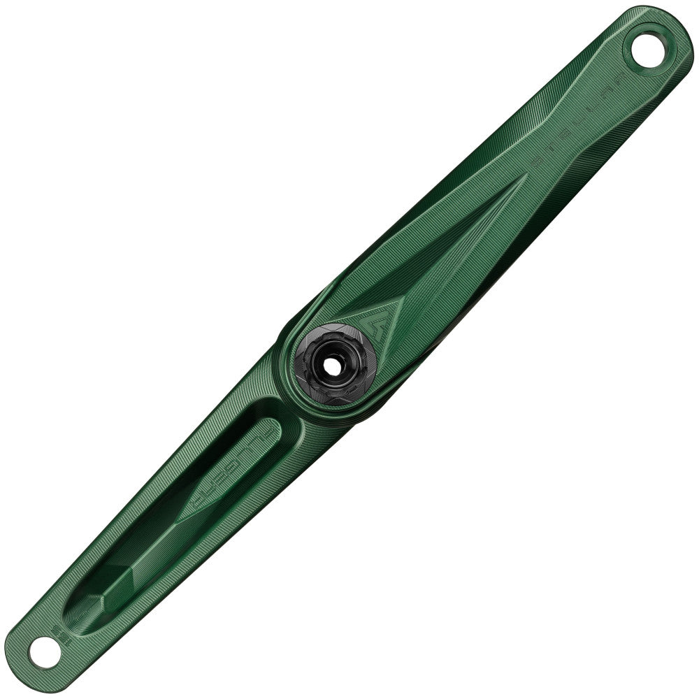 Green anodized ALUGEAR Stellar AL MTB single crank arm face view, STELLAR engraving, DUB spindle interface