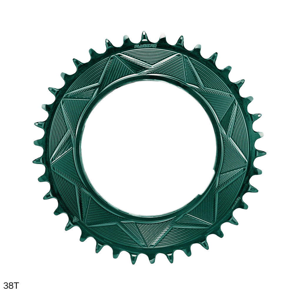 Dark green anodized ALUGEAR round AERO MTB chainring 38T, thread mount, geometric triangle engraved pattern