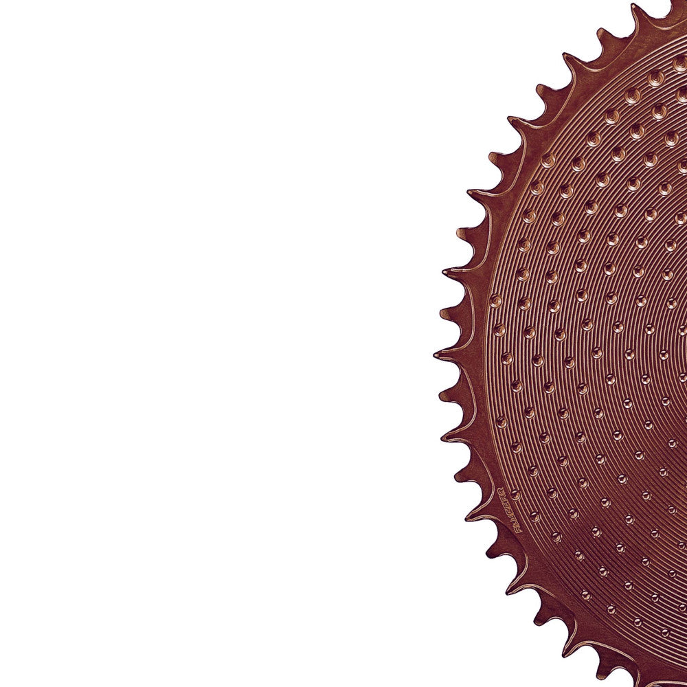 Bronze anodized ALUGEAR round AERO road/gravel 1X chainring, thread mount 6.5mm offset, dot texture surface, partial view