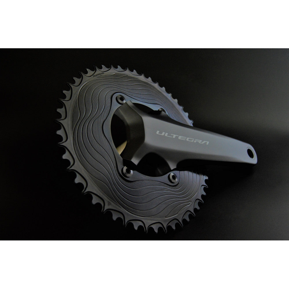 Black ALUGEAR round road chainring installed on Shimano Ultegra crank arm, 110 BCD 4-bolt asymmetric, angled view