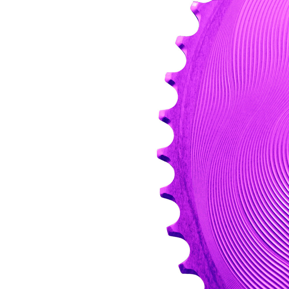 Purple anodized ALUGEAR AERO road chainring close-up, round, machined concentric wave finish, 110 BCD 4-bolt Shimano 12-speed
