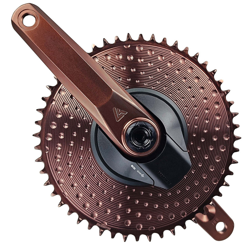 Bronze anodized ALUGEAR round AERO road/gravel 1X chainring on SRAM AXS crank, thread mount 6.5mm offset, angled view