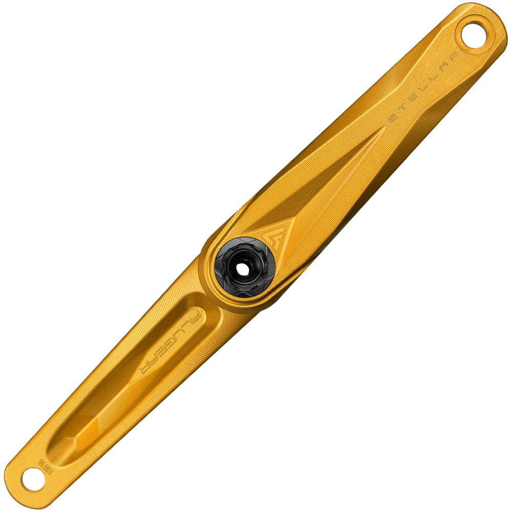 Gold anodized ALUGEAR Stellar AL MTB single crank arm face view, STELLAR engraving, DUB spindle interface