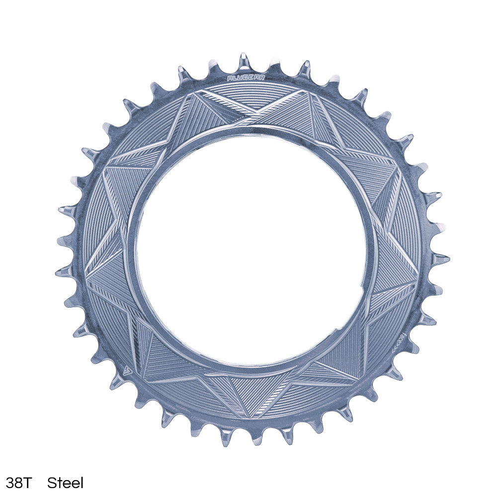 Steel grey ALUGEAR round AERO MTB chainring 38T, thread mount, geometric triangle engraved pattern