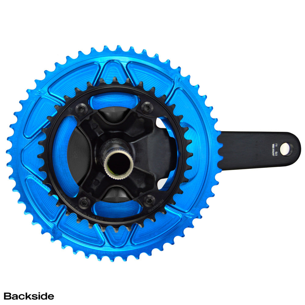 Blue anodized ALUGEAR round road outer and black inner chainring set on crank, 110 BCD 4-bolt Shimano asymmetric, backside view