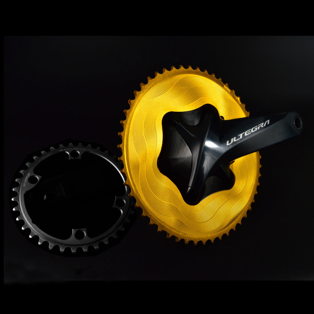 Gold ALUGEAR AERO outer chainring and black inner chainring on Shimano Ultegra crank, 110 BCD 4-bolt asymmetric 2x11-speed