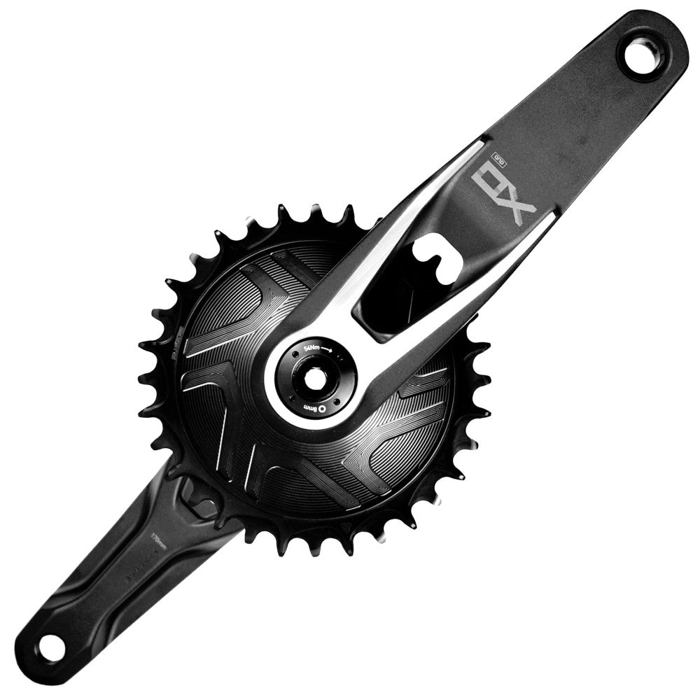 Black SRAM crankset with black round ALUGEAR Boost AERO MTB chainring mounted on bike, 8-bolt direct-mount