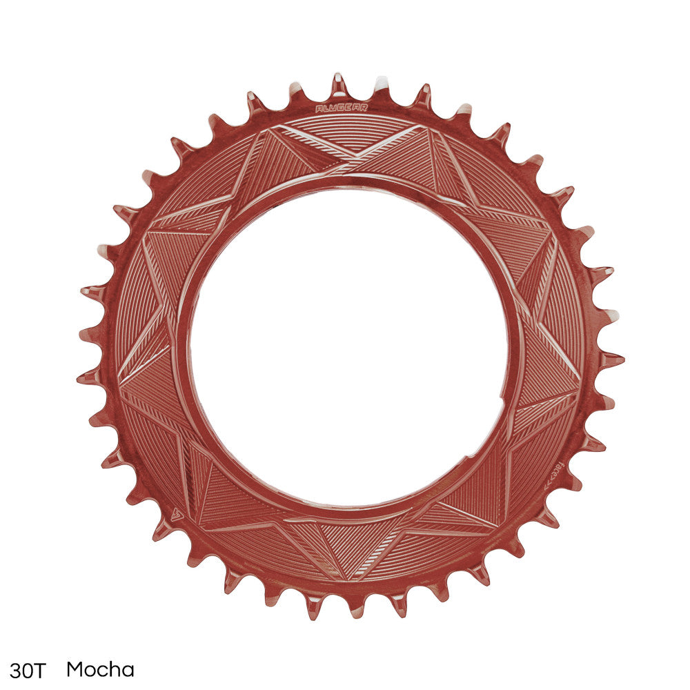 Mocha anodized ALUGEAR round AERO MTB chainring 30T, thread mount, geometric triangle engraved pattern