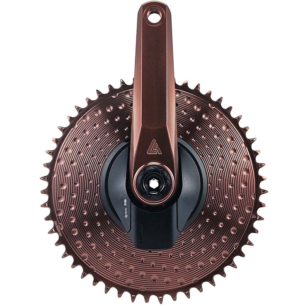 Bronze anodized ALUGEAR round AERO road/gravel 1X chainring on SRAM AXS crank, thread mount 6.5mm offset, front view