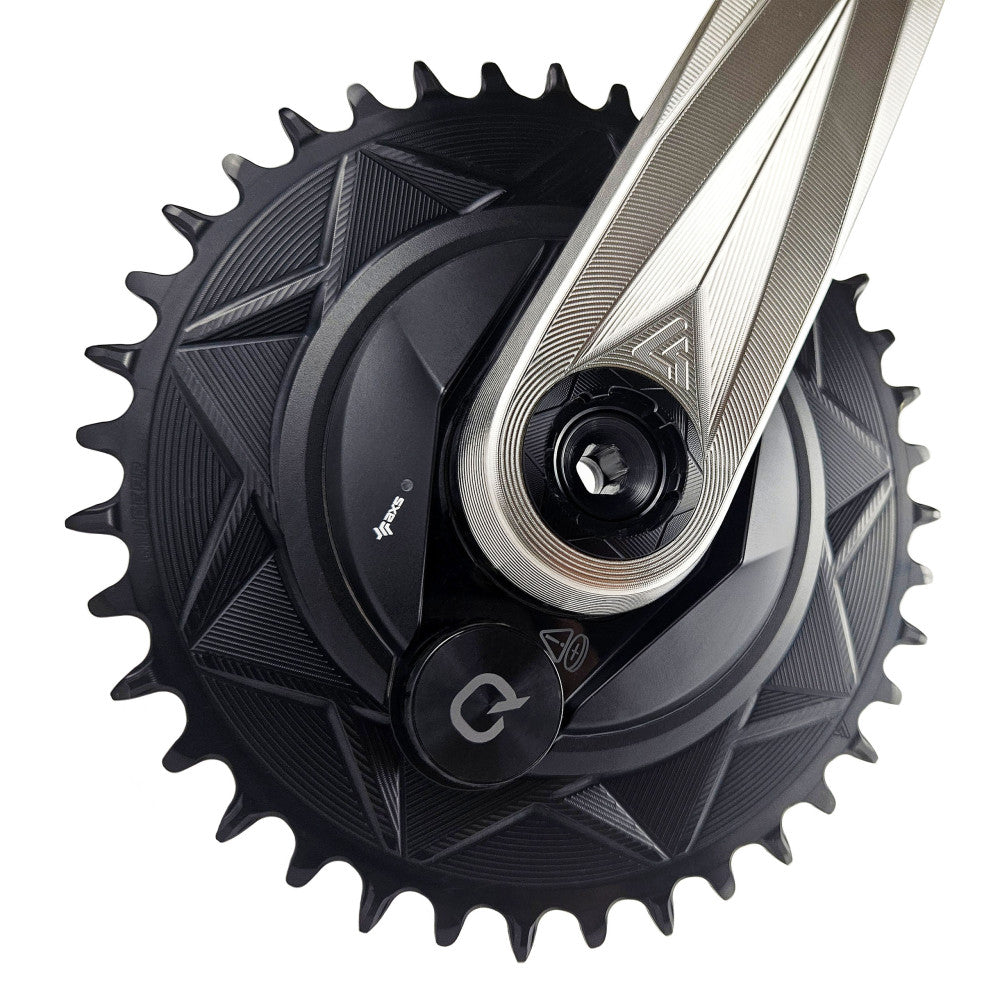 Black ALUGEAR round AERO MTB chainring on SRAM AXS crank, thread mount, close-up lifestyle view