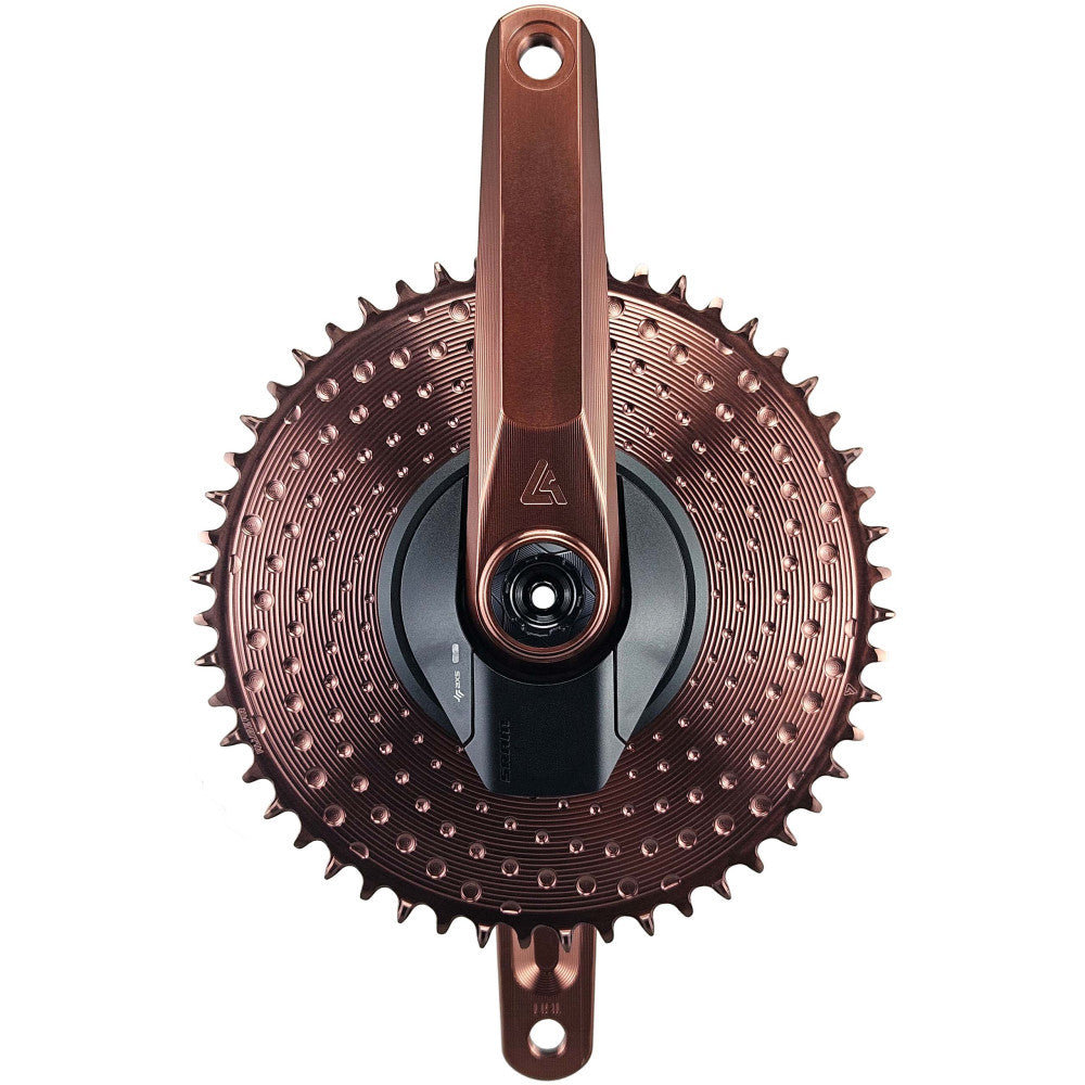 Bronze anodized ALUGEAR round AERO road/gravel 1X chainring on SRAM AXS crank, thread mount 6.5mm offset, front view