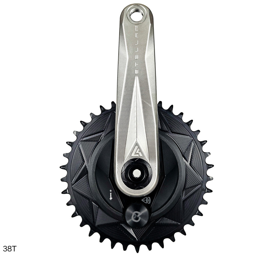 Black ALUGEAR round AERO MTB chainring 38T on silver crank arm, thread mount, geometric triangle pattern