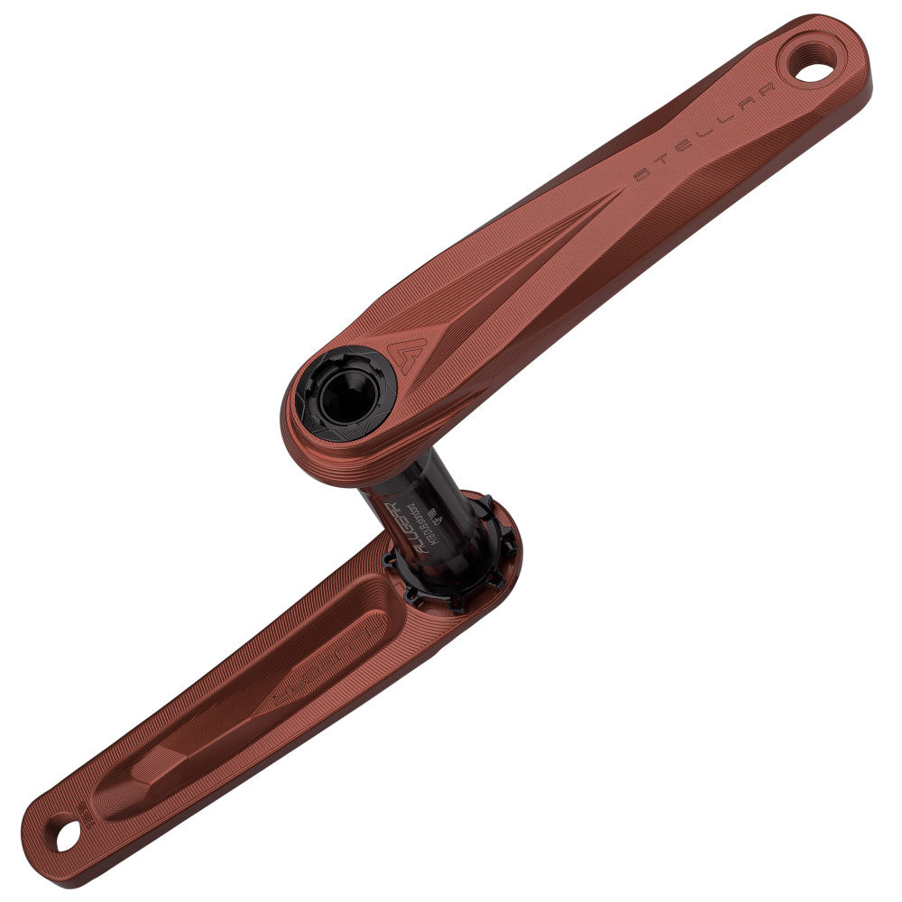 Copper anodized ALUGEAR Stellar AL MTB crankset with DUB spindle, paired crank arms at 180 degrees