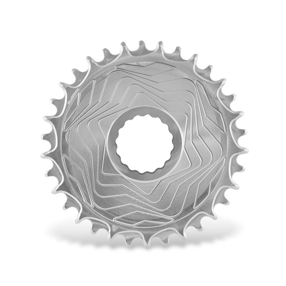 Silver natural-finish ALUGEAR round Boost AERO MTB chainring, Race Face Cinch direct-mount, swirl disc body, front view