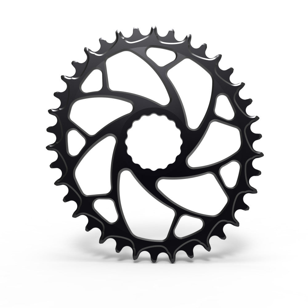 Black ALUGEAR round 1X road/gravel chainring with larger cut-out spider, Easton Cinch direct-mount