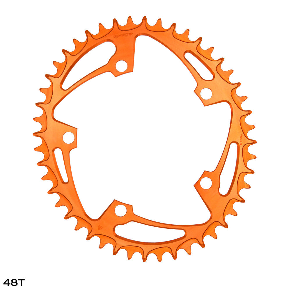 Orange anodized oval ALUGEAR road chainring with slot-cut spider, 130 BCD 5-bolt, 1X narrow-wide teeth, 48T engraved