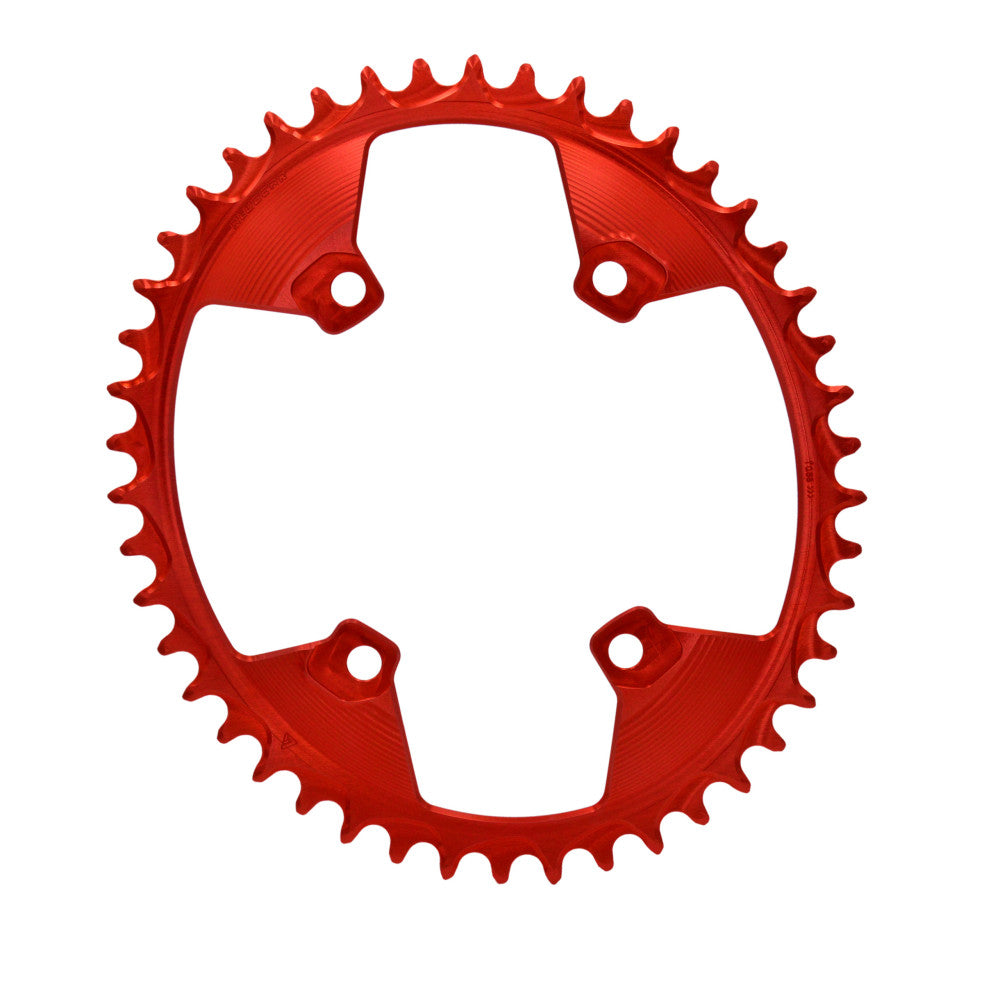 Red anodized round ALUGEAR gravel chainring, 110 BCD 4-bolt Shimano GRX, 1X narrow-wide teeth, front view