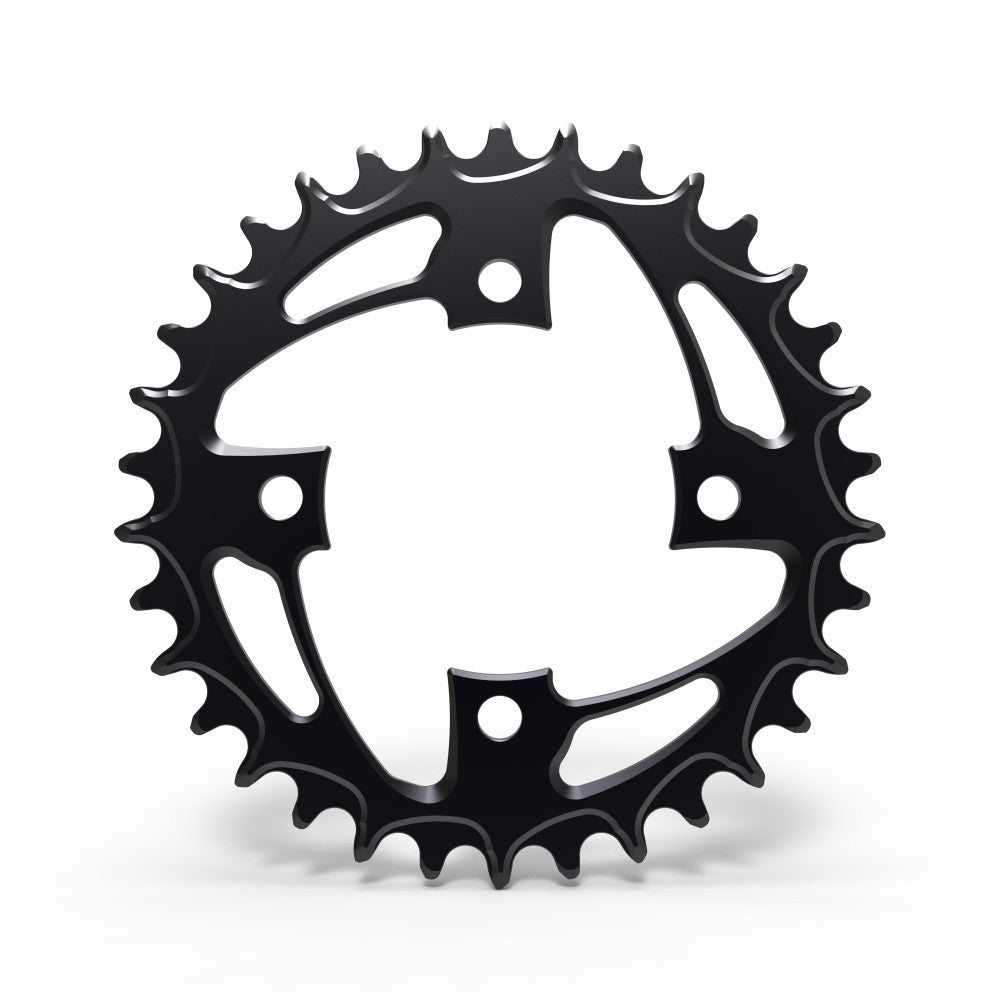 Black round ALUGEAR MTB chainring, 82 BCD 4-bolt mount, open 4-arm spider, narrow-wide teeth