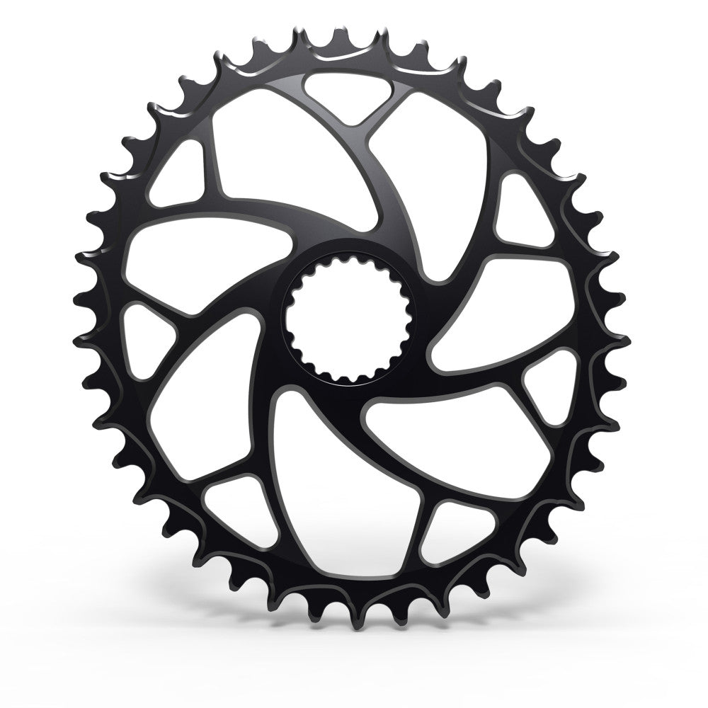Black ALUGEAR round narrow-wide gravel chainring with larger cut-out spider, Shimano direct-mount 12-speed