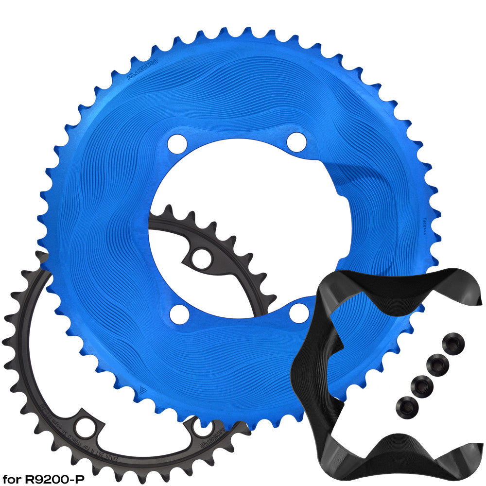 Blue ALUGEAR AERO upgrade kit for Shimano R9200-P power meter: outer chainring, black inner, AERO cover and bolts