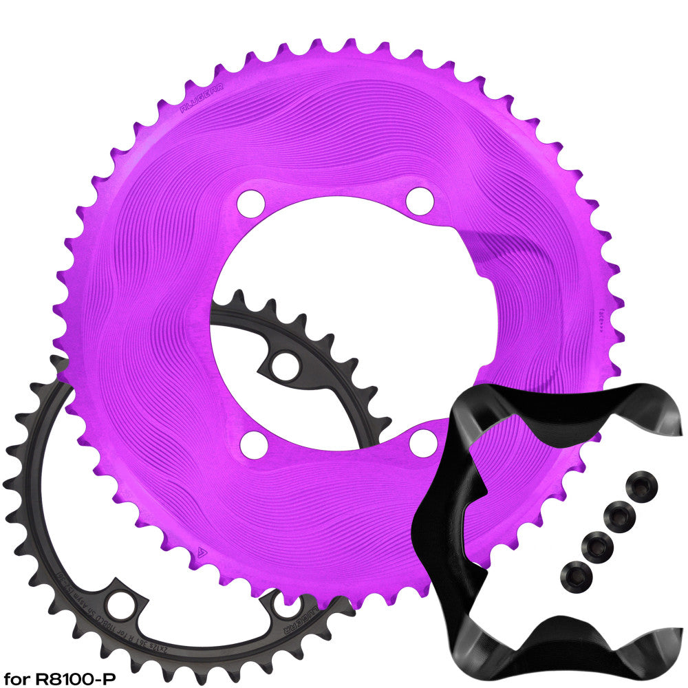 Purple ALUGEAR AERO upgrade kit for Shimano Ultegra R8100-P power meter: outer chainring, black inner, AERO cover and bolts