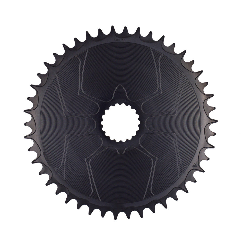 Black round ALUGEAR AERO road/gravel chainring, Cannondale Hollowgram direct-mount, solid disc body, narrow-wide teeth