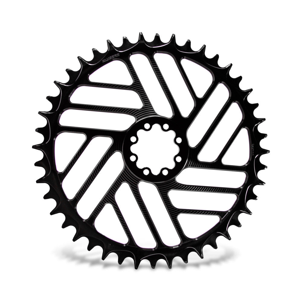 Black round ALUGEAR 1X road/gravel chainring, SRAM 8-bolt direct-mount, large triangular cut-outs, narrow-wide teeth