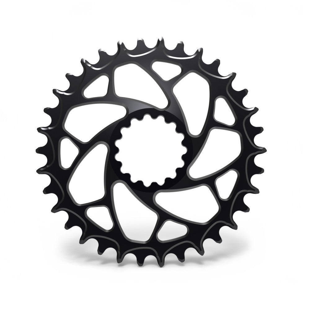 Black ALUGEAR round narrow-wide MTB chainring with spiral cut-out spider, e*thirteen direct-mount