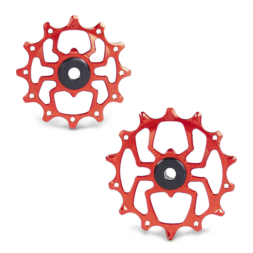 Pair of red anodized ALUGEAR Spider-style MTB rear derailleur pulleys, SRAM 11/12-speed compatibility