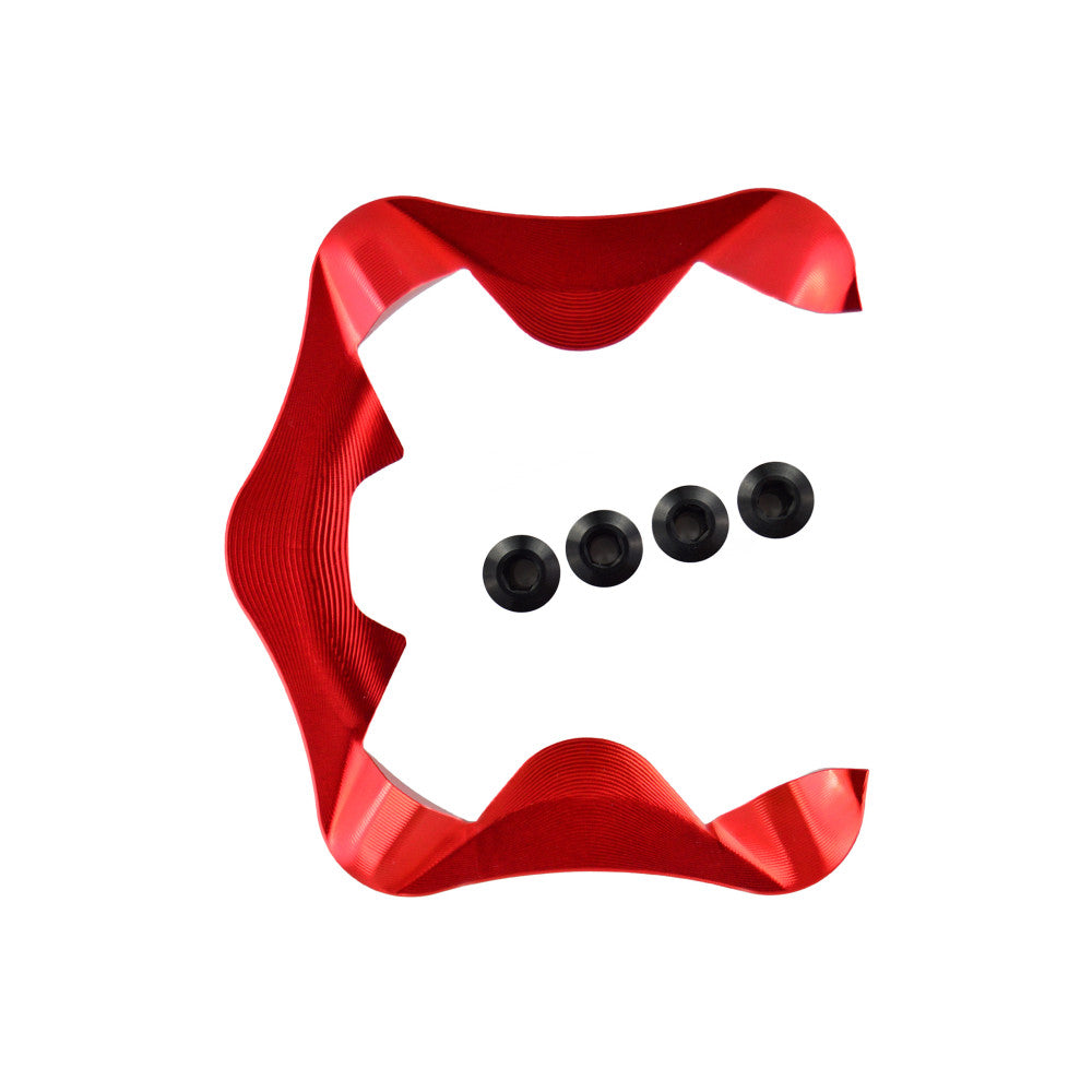 Red anodized ALUGEAR aero cover for Shimano Dura-Ace R9200 12-speed power meter cranks, C-shaped, with 4 black hex bolts