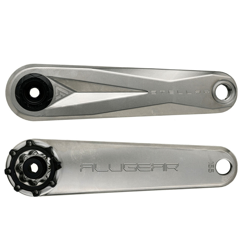 Pair of titanium ALUGEAR Stellar Ti MTB crank arms laid flat showing front and back, DUB splined interface