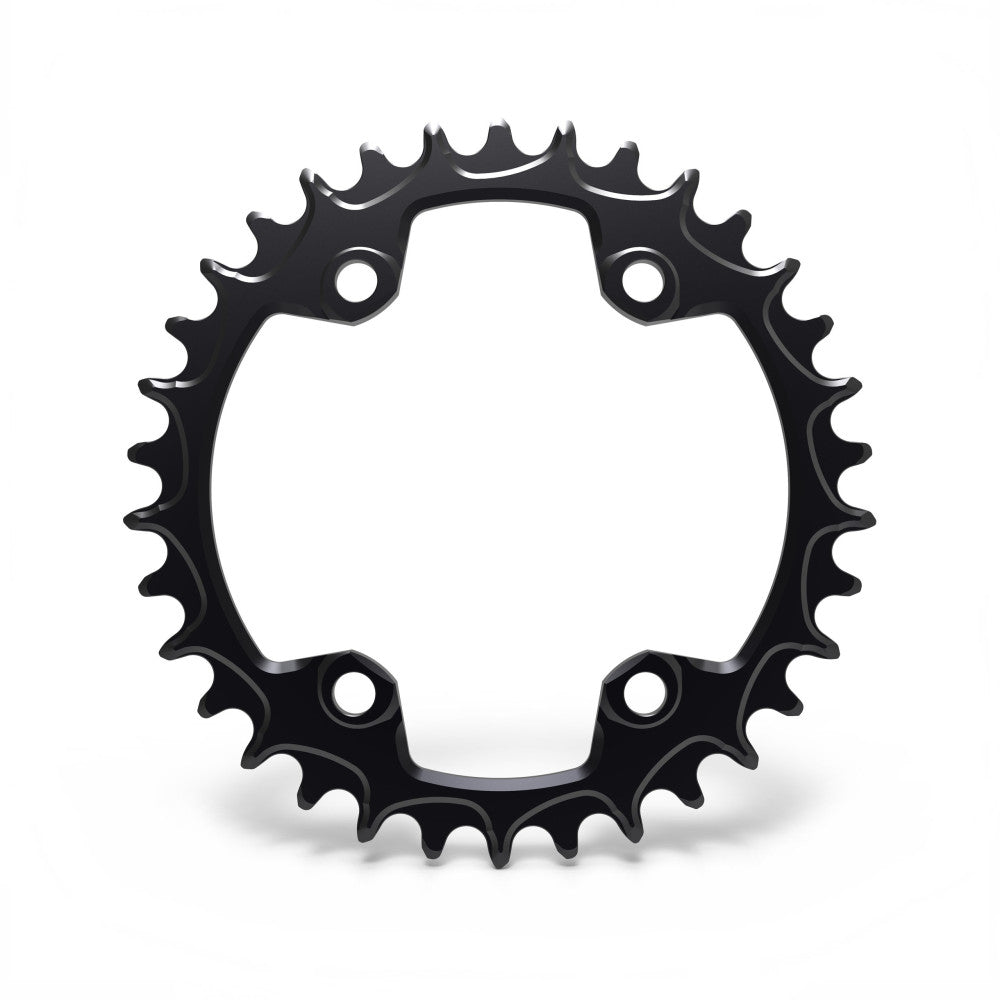 Black round ALUGEAR MTB chainring, 96 BCD 4-bolt Shimano XTR asymmetric, narrow-wide teeth, front view