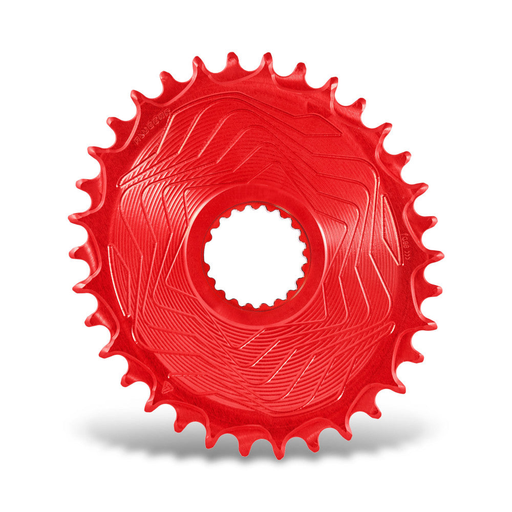 Red anodized ALUGEAR round Boost AERO MTB chainring, Shimano direct-mount 12sp, wave disc body, narrow-wide teeth