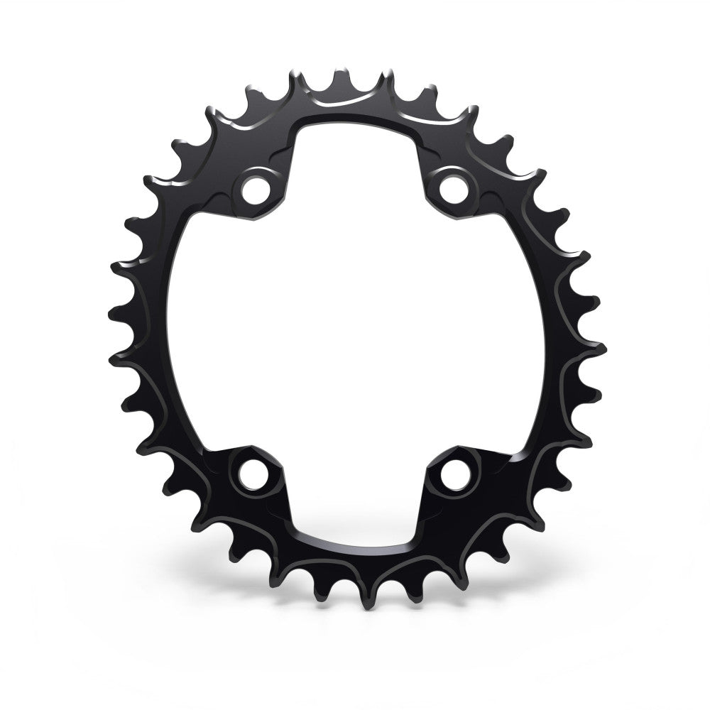 Black oval ALUGEAR MTB chainring, 96 BCD 4-bolt Shimano XTR asymmetric, narrow-wide teeth, front view