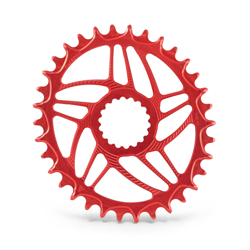 Red anodized ALUGEAR oval narrow-wide MTB chainring, Cannondale Hollowgram AI Boost, open 5-arm spider