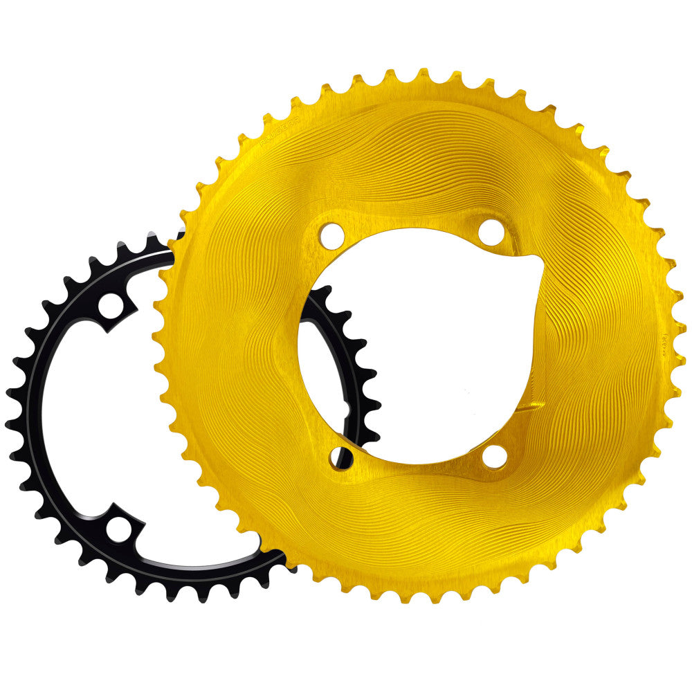 Gold and black ALUGEAR round road chainring set, 110 BCD 4-bolt Shimano asymmetric, 2x11-speed
